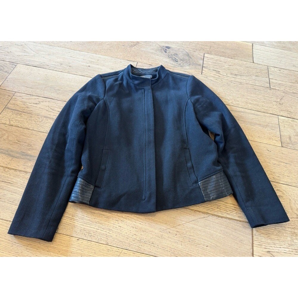 Vince Black Textured Moto Jacket Leather Trim Peplum‎ Mock Neck Large (1287)